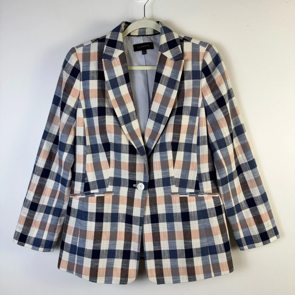 Talbots Plaid Blazer Women’s Size 8 Multicolor Classic Career Jacket Pink Navy